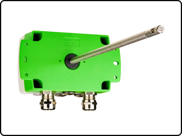 Back view of the AVS701 highly accurate air and gas velocity sensor (duct mount) with die-cast aluminium enclosure.