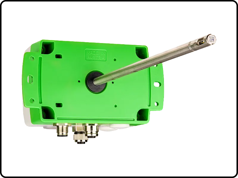Back view of the AVS701 highly accurate air and gas velocity sensor, duct-mount version with polycarbonate enclosure.
